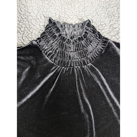 J JILL Crushed Velvet Elastic Collar And Cuffs Shirt XS Chic Black Front Tie - Picture 7 of 11